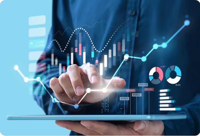 man typing on tablet with colorful charts and graphs